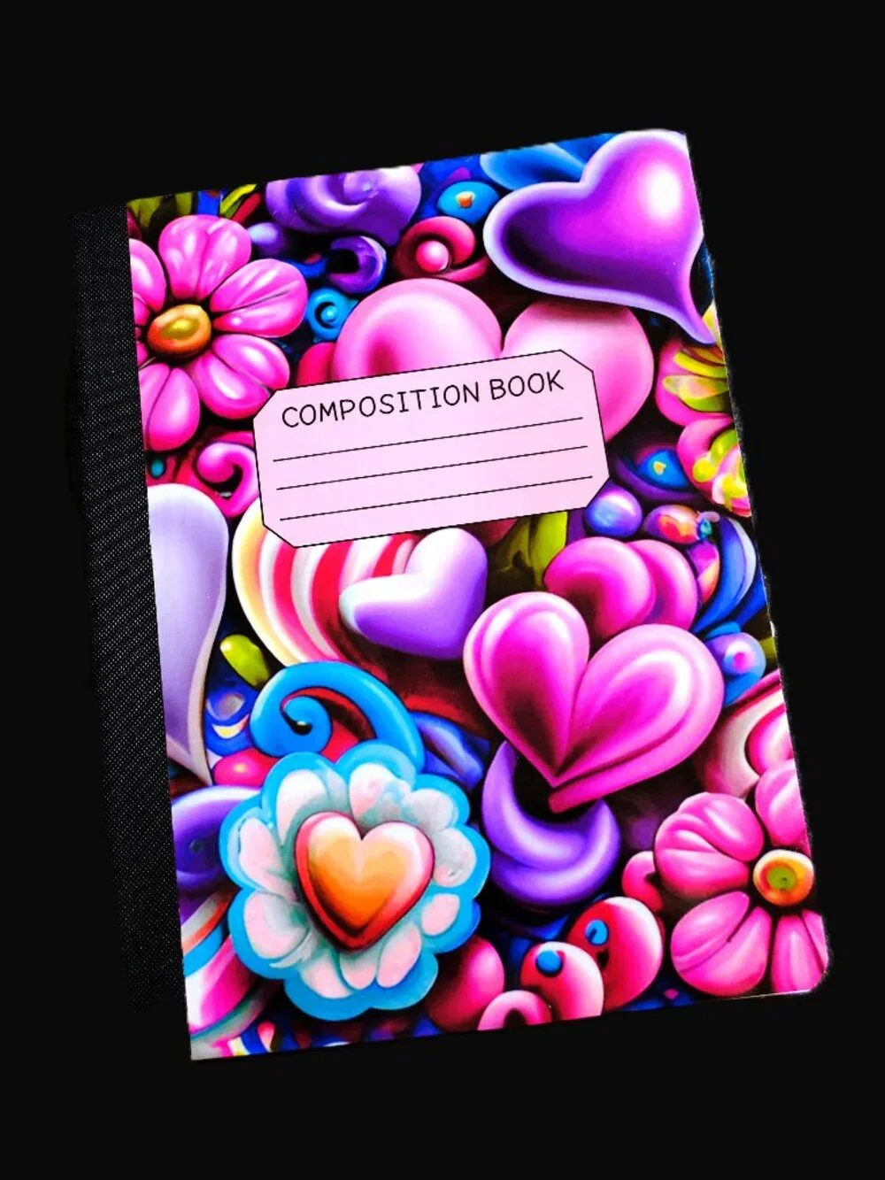 Custom Composition Book, Handmade, College, school, students, 3D Hearts, purple